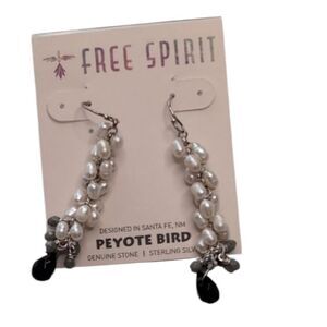 NWT Peyote Bird Pearl black Gemstone Sterling Silver Dangle Earrings